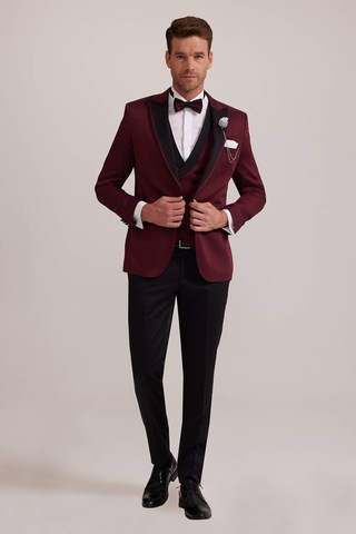 Ysf Erkek Bordo Kırlangıç Yaka Yelekli Slim Fit Desenli Damatlık