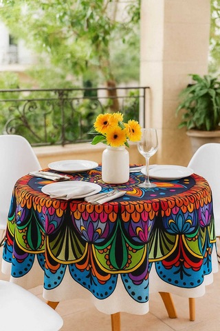 Yuvarlak Etnik Desenli Duck Kumaş Masa Örtüsü 150x150 Cm 11