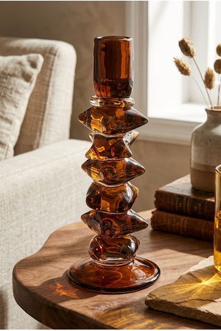 28 Cm Kristal Şamdan El Yapımı Organik Katmanlı Cam Dekoratif Mumluk Koyu Kehribar Kahverengi - Krem