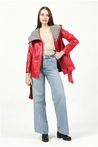 Dericlub Yb-2163/80 Gerçek Deri Kadın Kaban Kırmızı