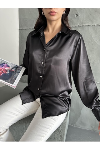 Kadın Oversize Siyah Renk Saten Gömlek-siyah Siyah