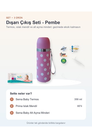 Dışarı Çıkış Seti 3 Parça: Termos + Prima Islak Mendil + Alt Açma Minderi - Pembe