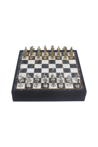 Lüks Sandıklı Metal Satranç Takımı Krom Kaplama Osmanlı Vs Bizans Figürler Mermer Desenli 20 Cm.