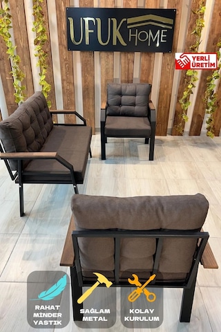 Ard & Garden 2 1 1 Balkon Takımı, Çay Seti, Metal Koltuk Takımı, Bahçe Takımı, Bahçe Mobilyası Koyu Kahverengi