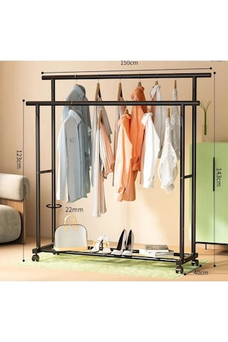 2 Katlı Düz Metal Beyaz Elbise Konfeksiyon Askısı Tekerlekli 1038-cn Beyaz