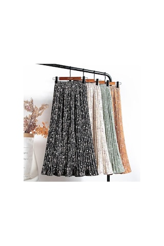 Bej Qooth Yaz Kadın Çiçek Baskılı Pilili Şifon Etek Yüksek Bel Pilili Orta Uzunlukta Elastik Bel Etek Qt807 Bej