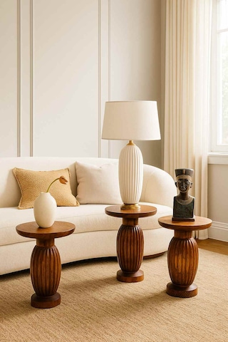 Ahşap Mantar Sehpa 3 Lü Set Meşe Renk Doğal Zigon Ve Fiskos Takımı Meşe