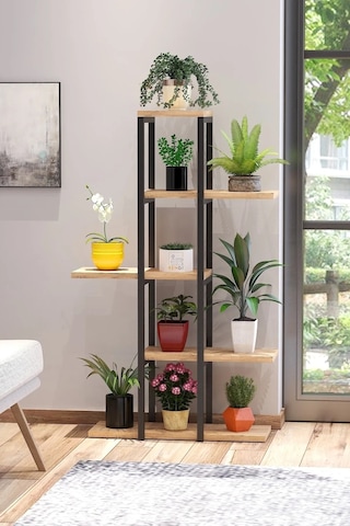 Modern Tasarımlı 5 Raflı Saksılık Metal Çiçek Rafı Çiçeklik Atlantik Çam