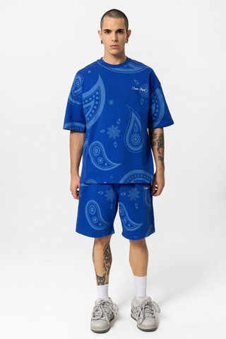 Oversize Desenli Şort Tişört Takım Saks