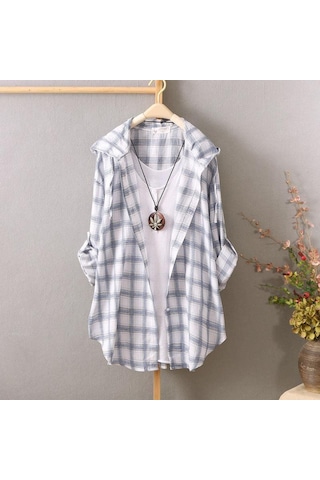 Beyaz Güneş Koruyucu Gömlekler Kadın Kapşonlu Ekose Uzun Kollu Bol Üstler İnce Paltolar Hırkalar Beyaz
