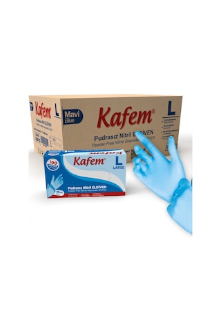 Kafem Mavi Nitril Eldiven Pudrasız (L) 100 Lü X 20 Paket (Koli)