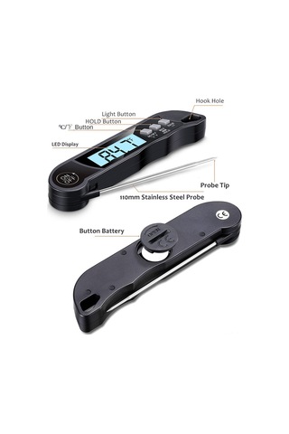 Yifomall Siyah Katlanabilir Dijital Mutfak Termometresi, Telsiz İğne Ve Alarm Özelliği İle Gıda Isı Ölçer -50 C/+300 C