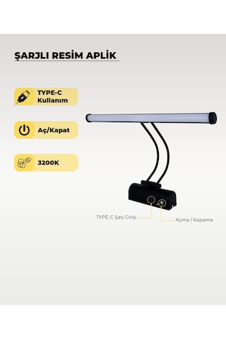 Şarjlı Siyah Flüt Aplik 3200k Sarı Işık Elektrik Gerektirmez Siyah