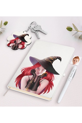 Kişiye Özel Kadın Cadı Karikatürlü Beyaz Defter Kalem Ve Anahtarl N11.1090