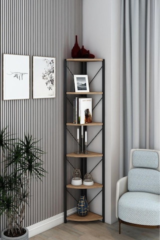 Datça 6 Raflı Metal Köşe Kitaplık Rafı Dekoratif Aksesuar Rafı 180 Cm Meşe Ceviz