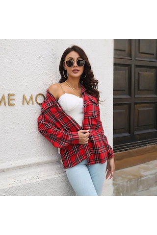 Gmxıa Kadın Modası Günlük Ekose Baskı Uzun Kollu Polo Yaka Bluzlar Ve Gömlekler Sarı