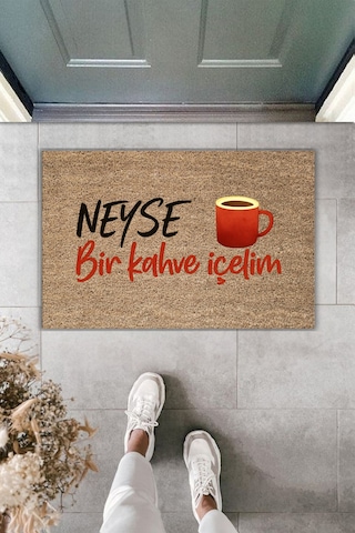 Rugmood Modern Dijital Baskı - Neyse Bir Kahve İçelim - Kapı Önü Paspası Kahverengi