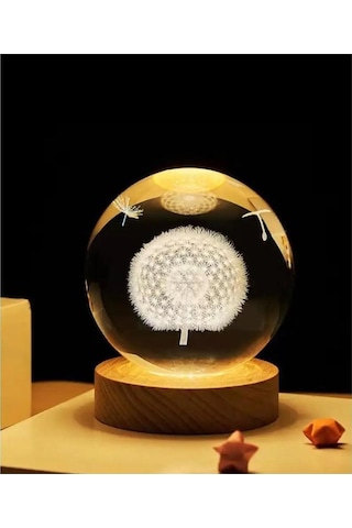 3d Karahindiba Temalı Kristal Küre Gün Işığı Led Gece Lambası Usb'li Ahşap Standlı Led Lamba