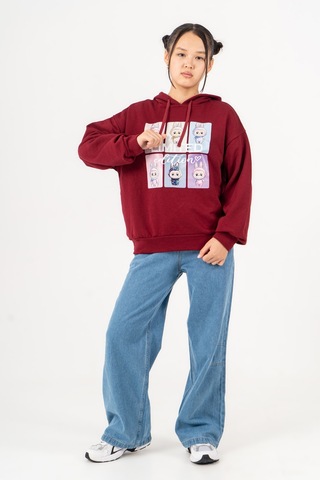 Kız Çocuk Labubu Baskılı 3 İplik Kışlık Şardonsuz Sweatshirt 4540 Bordo