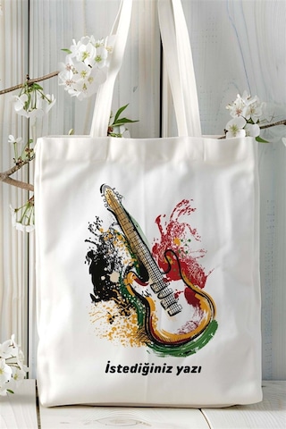 Art Hediye Elektrogitar Baskılı Bez Çanta Kişiye Özel Model 4 Çok Renkli