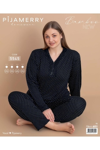 Pijamerry Kadın Büyük Beden Dantel Yaka Bambu Uzun Kol İnce Pijama Takımı 5545 - 1 Adet Siyah