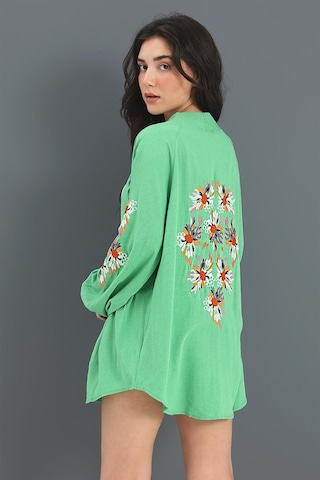 Wpr Kimono Reglan Kol Nakışlı Keten - Yeşil-yeşil Yeşil
