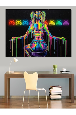 Neon Işıklı Kadın Ve Emojiler İllüstrasyonu Dekoratif Kanvas - Mdf Ahşap Tablo