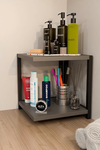 İki Raflı Banyo Köşe Kare Düzenleyici Organizer Raf Metal Gövdeli Çok Amaçlı Banyo Standı Antrasit