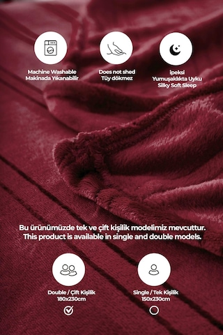 Evlen Home Mayer Supersoft Yumuşak Çift Kişilik Battaniye 180x230 Cm Bordo Bordo