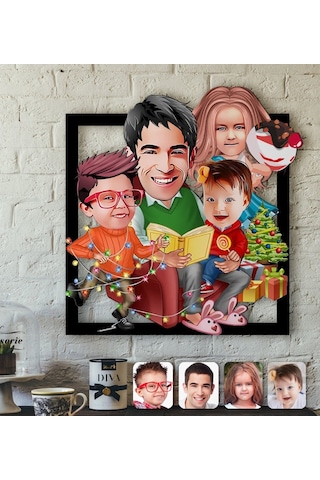 Kişiye Özel Yeni Yıl Aile Karikatürlü 3D Ahşap Tablo-6
