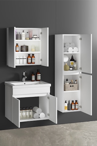 Çiğdem 65+35 Cm Beyaz Mdf Lavabolu Asma Banyo Dolabı Takımı Beyaz