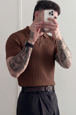 Tarz Cool Premium Fitilli Triko Polo Yaka Erkek Old Money T-shirt Kahverengi