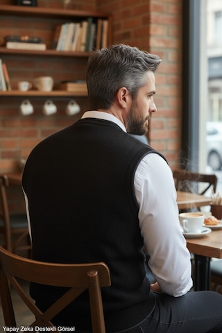 Kamalı Siyah Erkek V Yaka Triko Düğmeli Cepli Çizgi Desenli Regular Fit Tüylenmeyen Örgü Yelek Siyah