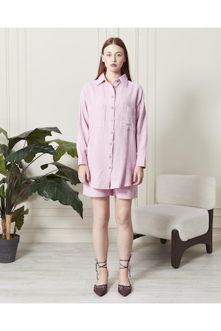 Soft Koton Kumaş Şort Gömlek Takım-3300-pembe Pembe