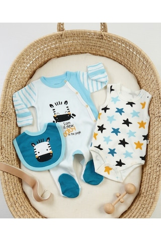 İmaj İmajbebe Zebra Desenli Kendinden Eldivenli 3'lü Bebek Takımı 0-3 Ay - 56 Cm Mavi