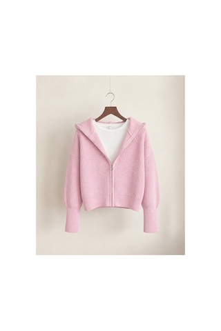 Flex Fashıon Kadın Esnek Örgü Yumoş Fermuarlı Devrik Yaka Pembe Triko Hırka Pembe - 782907763 Pembe - 782907763 Pembe