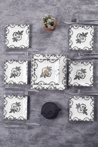 Piatti Naturali İkram Seti Black Rose Çift Katlı Sunum Tabağı & 6 Lı Tatlı Tabağı