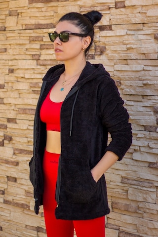 Kadın Siyah Peluş Kalın Fermuarlı Kapüşonlu Cepli Ceket 23kcktmy50 001