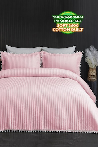 Evlen Home Collection Ponponlu Çift Kişilik %100 Pamuk Yatak Örtüsü Pike Takımı Pudra