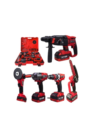 Prohummer Ph333 Profesyonel Yeni Kırmızı 21v 4ah 5li Matkap Seti - 1100nm Somun Sökme, Kırıcı Delici, 125mm Devir Ayarlı Avuç Taşlama, 13mm Vidalama Matkap Ve 15cm Dal Budama Testere