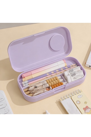 Sevimli Kawaii Figürlü Kalem Kutusu Çok Bölmeli Çift Katlı Büyük Kapasiteli Kalem Kutusu Sticker'lı Kalem Kutusu Sticker Yapıştırılabilir Kalemlik Sticker Kalemlik Mor