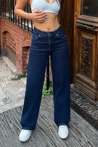 Woddi Lacivert Kadın Salaş Likralı Bel Salaş Jean Pantolon New Sezon-4 Laci Vert