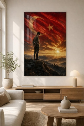 Atatürk Ve Türk Bayrağı Baskılı Cam Tablo Uv Baskı Milli Dekoratif Duvar Tablosu