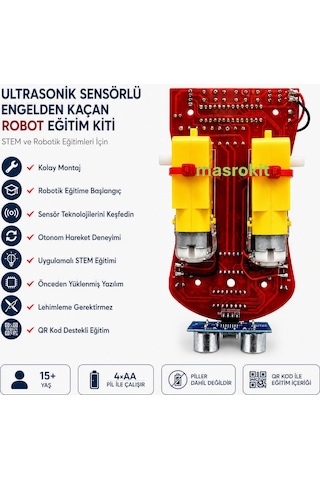 Masrokit U2l-7716 Ultrasonik Sensörlü Engelden Kaçan Robot Eğitim Kiti Sarı Motorlu