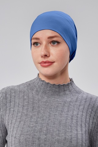 Kadın Tesettür Hazır Pratik Geçmeli Bone Lastikli Kaymaz Kot Rengi Açık Kot