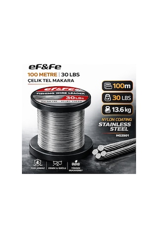 Effe Hg2501 Çelik Tel Makara 100m 30lbs 13.6kg Nylon Coating Stainless Steel 30 Lbs