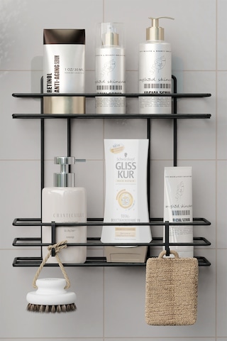Zabata Yapışkanlı 2 Katlı Banyo Rafı Duş Şampuanlık Duvar Düzenleyici Organizer Siyah