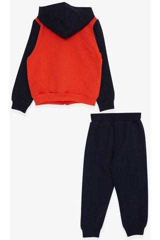 Erkek Bebek Çocuk Pamuklu Hayvanlar Alemi Baskılı Kapüşonlu Eşofman Takım-13389-turuncu Turuncu