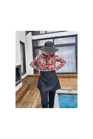 Maşuka Paraşüt Kumaş Crop Detaylı Desenli Şık Kadın Tesettür Mayo 3'lü Set Pantolon,üst,bone Beyaz - Desenli Beyaz - Desenli