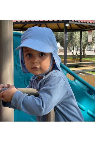 Yorni Flap Ense Korumalı Lastikli Ayarlı Bebek Çocuk Güneş Şapka Mavi